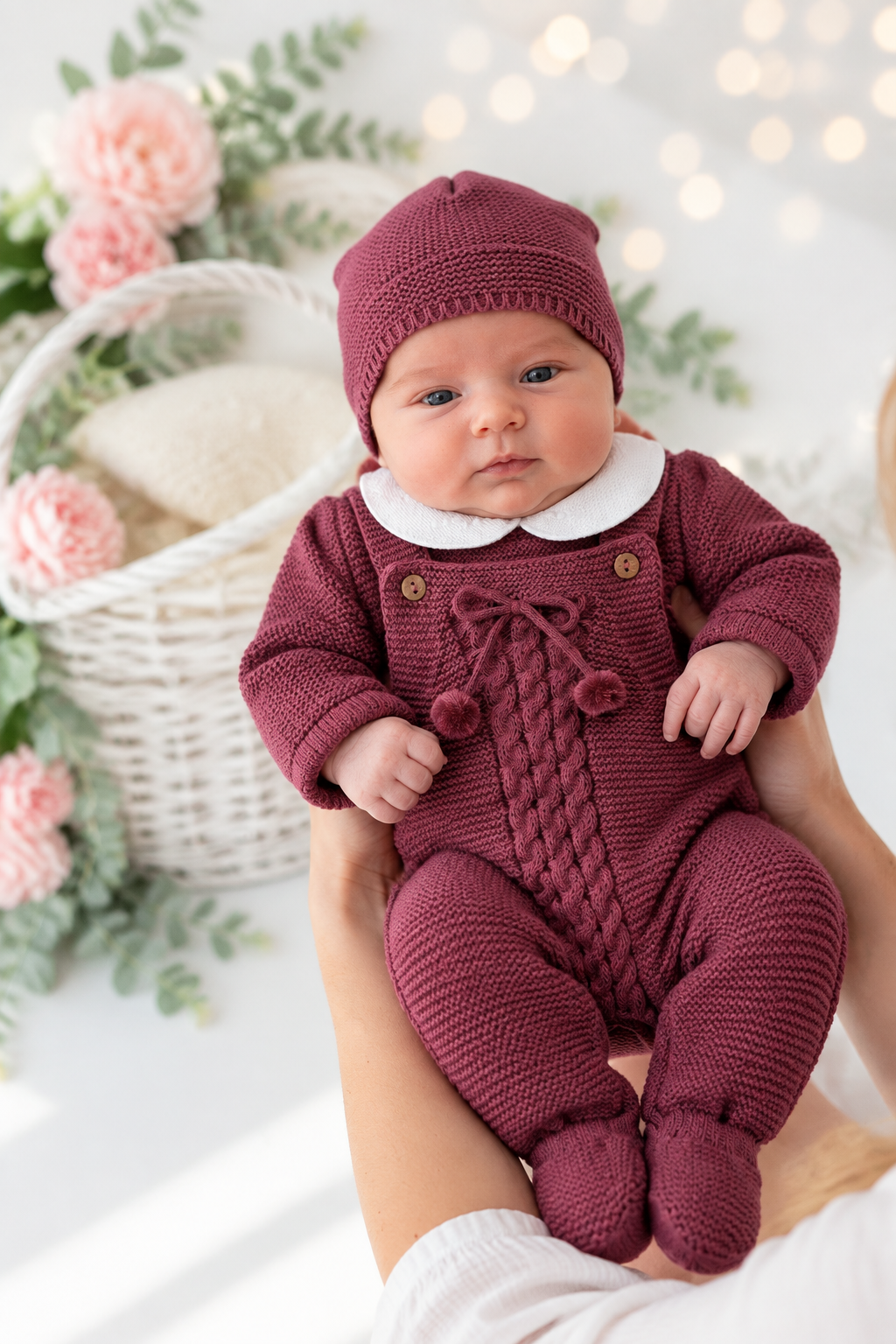Saída de maternidade beringela pompons