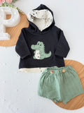 Conjunto dinossauro menino: camisola com capuz e calções