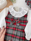 Conjunto Menina Tartan Vermelho e cinza - Vestido, Blusa e Bóina