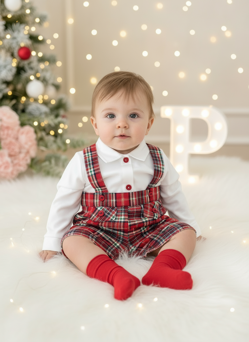 Conjunto menino xadrez vermelho e verde: Calções com alças e camisa
