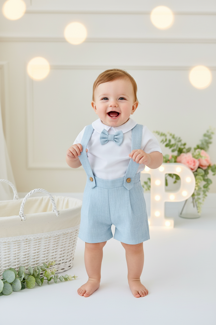 Conjunto cerimónia para menino: calções, camisa e laço