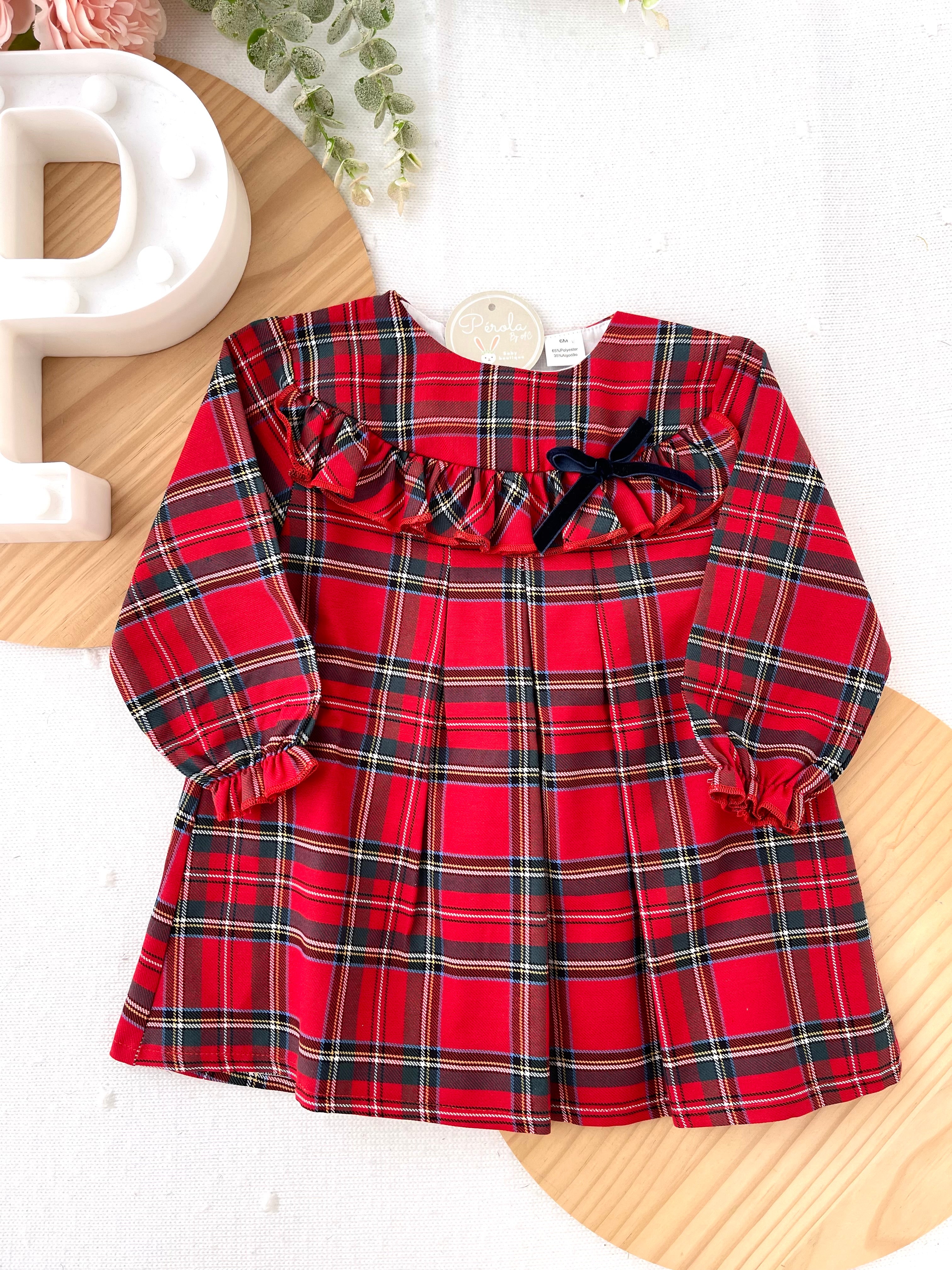 Vestido xadrez vermelho com laço azul veludo