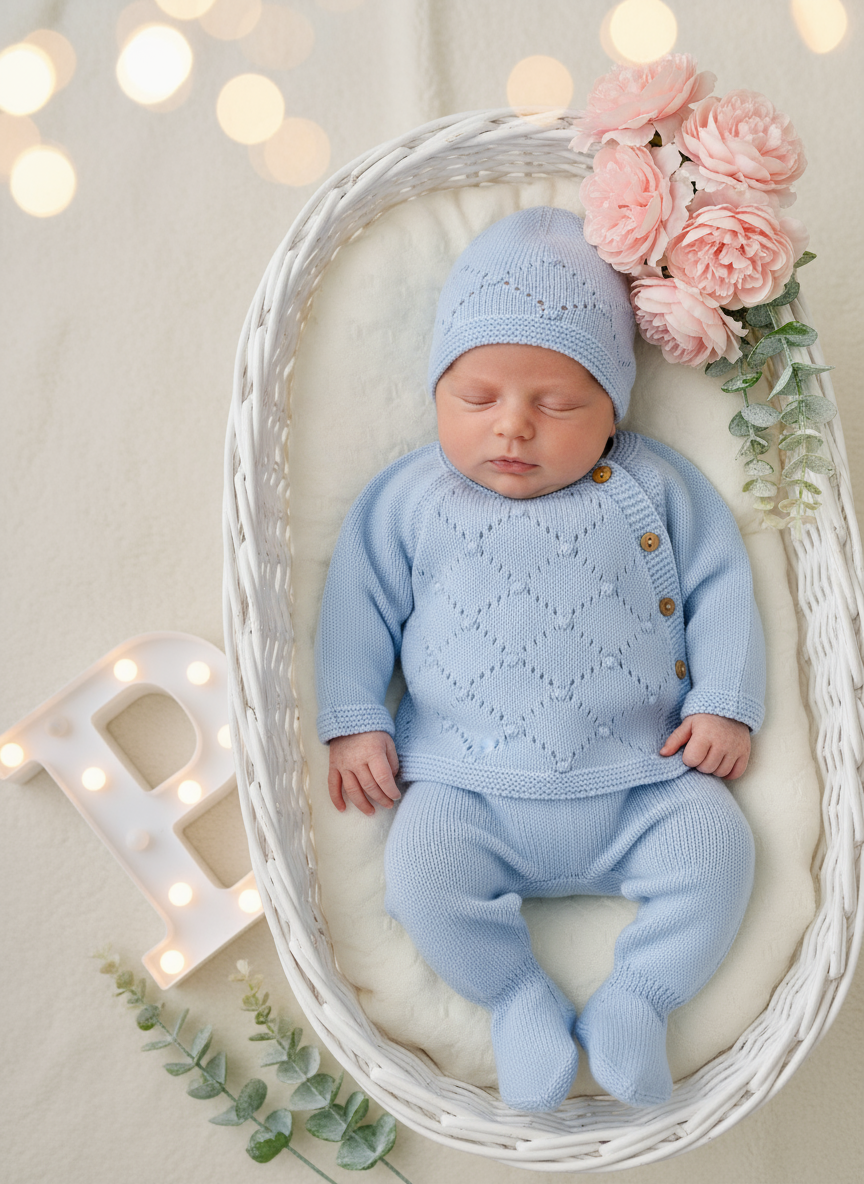 Conjunto malha bolinhas: camisola, calças e gorro- Outono/Inverno. 3/6M