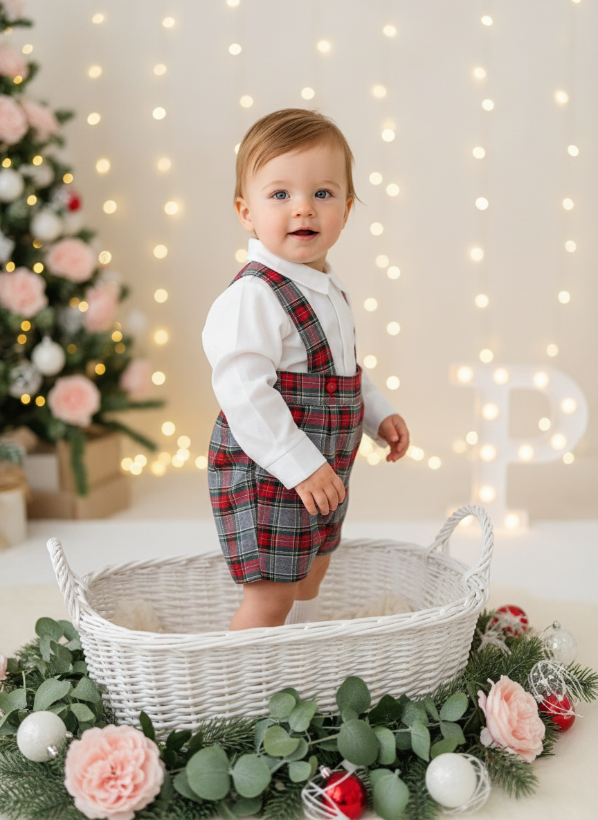 Conjunto menino xadrez cinzento e verde: Calções com alças e camisa