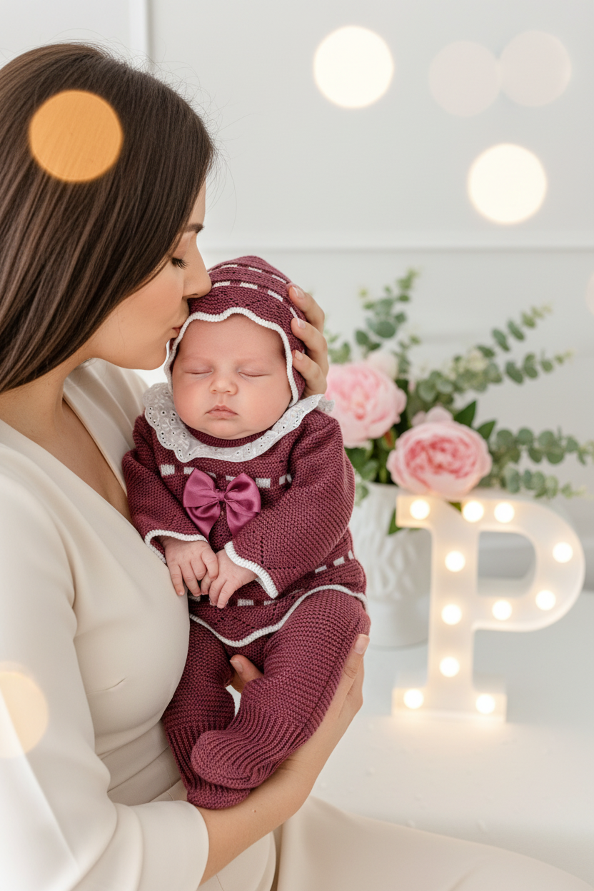 Conjunto princesinha de malha berinjela com bordado inglês