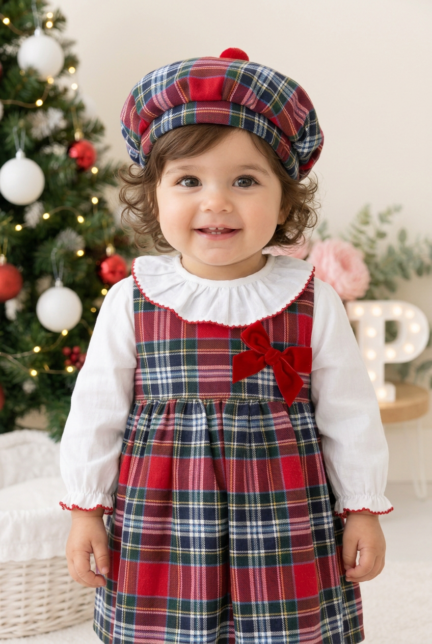 Conjunto xadrez : vestido, blusa e bóina