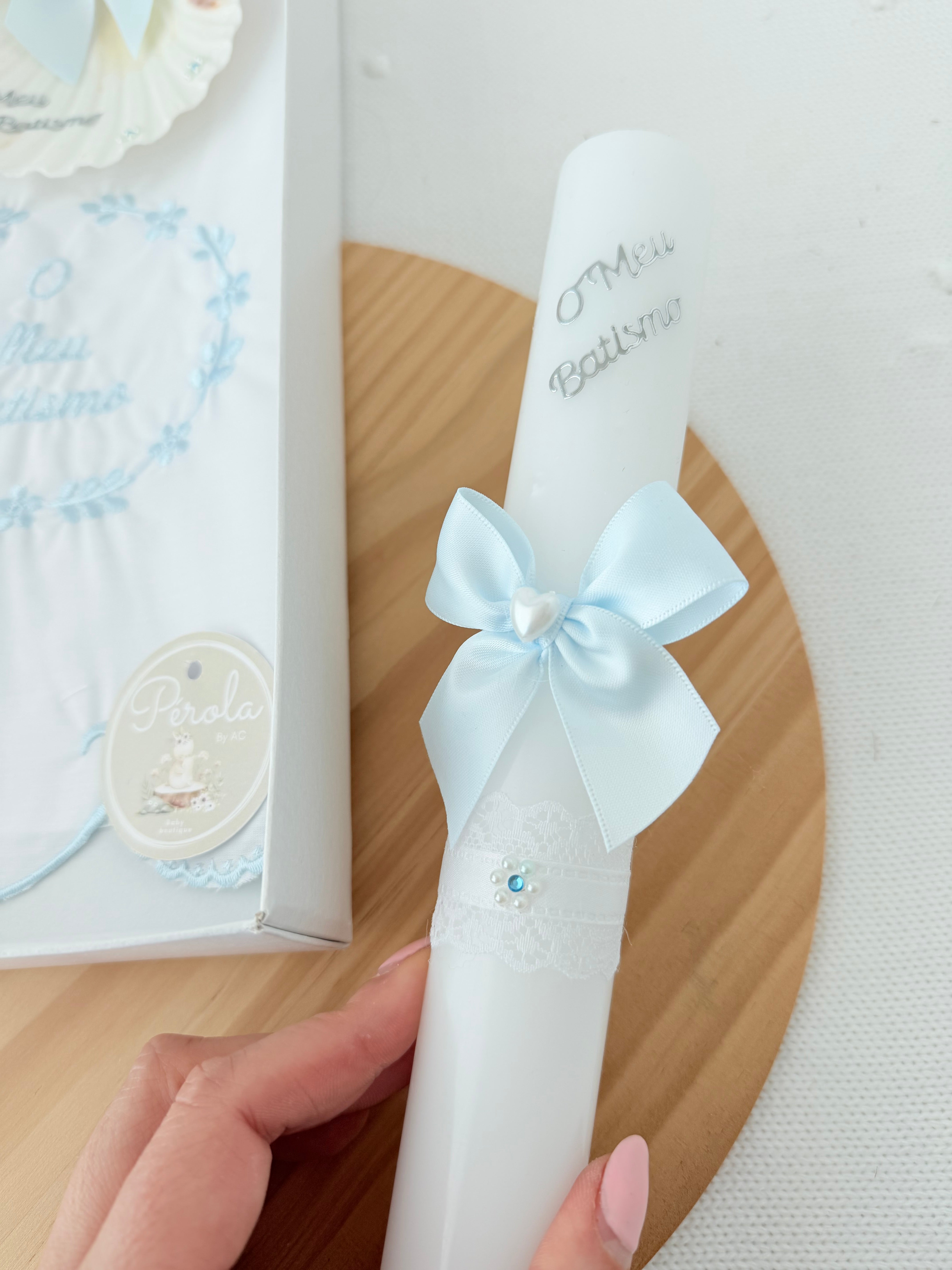 Conjunto para Batizado: vela, toalha e concha Batizado - Ramos
