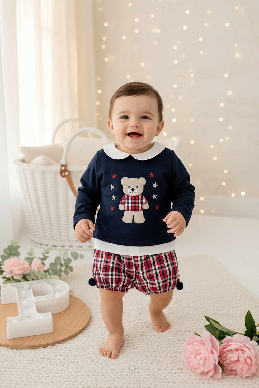 Conjunto ursinho xadrez: calções e camisola