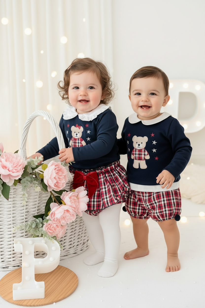 Conjunto ursinho xadrez:  camisola e saia/tapa fraldas