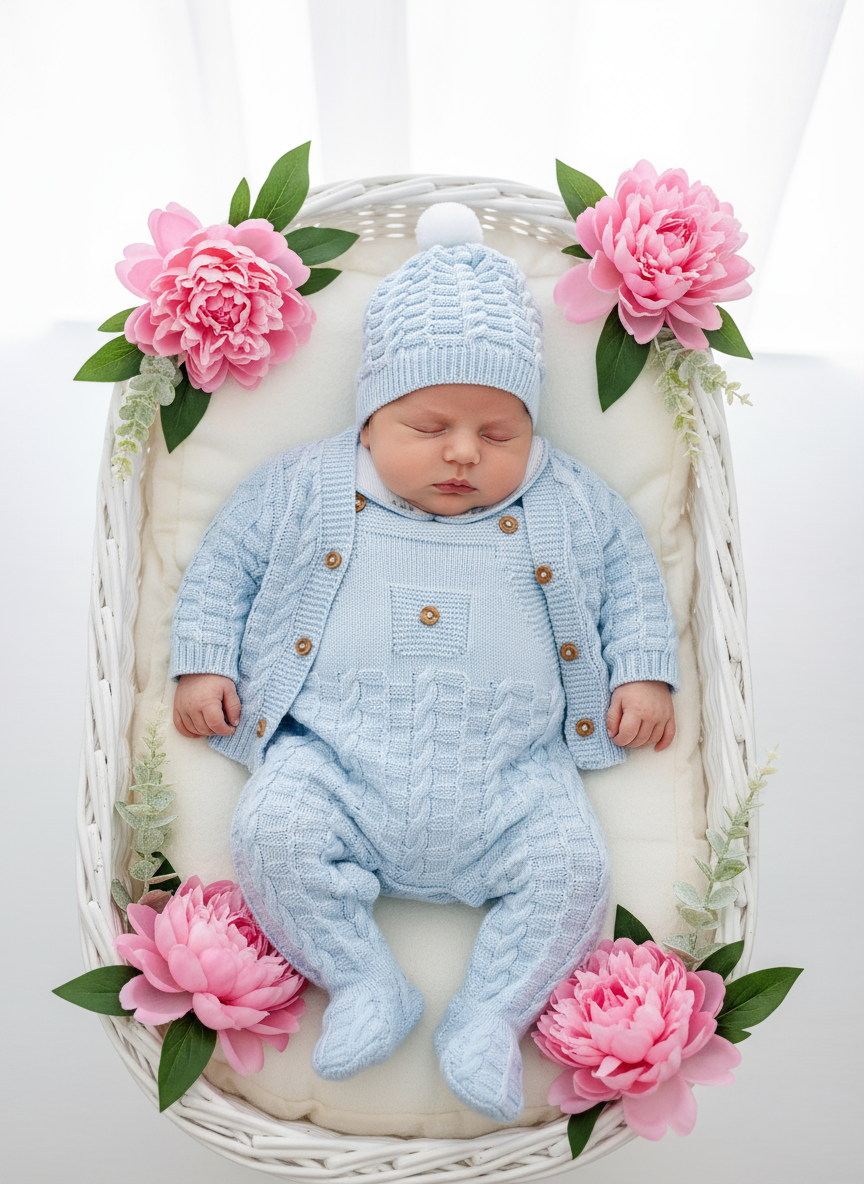 Saída de maternidade Aconchego 4 peças: casaco, jardineiras, camisola e gorro