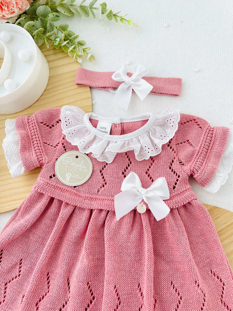 Vestido e fita para cabelo rosa velho/branco