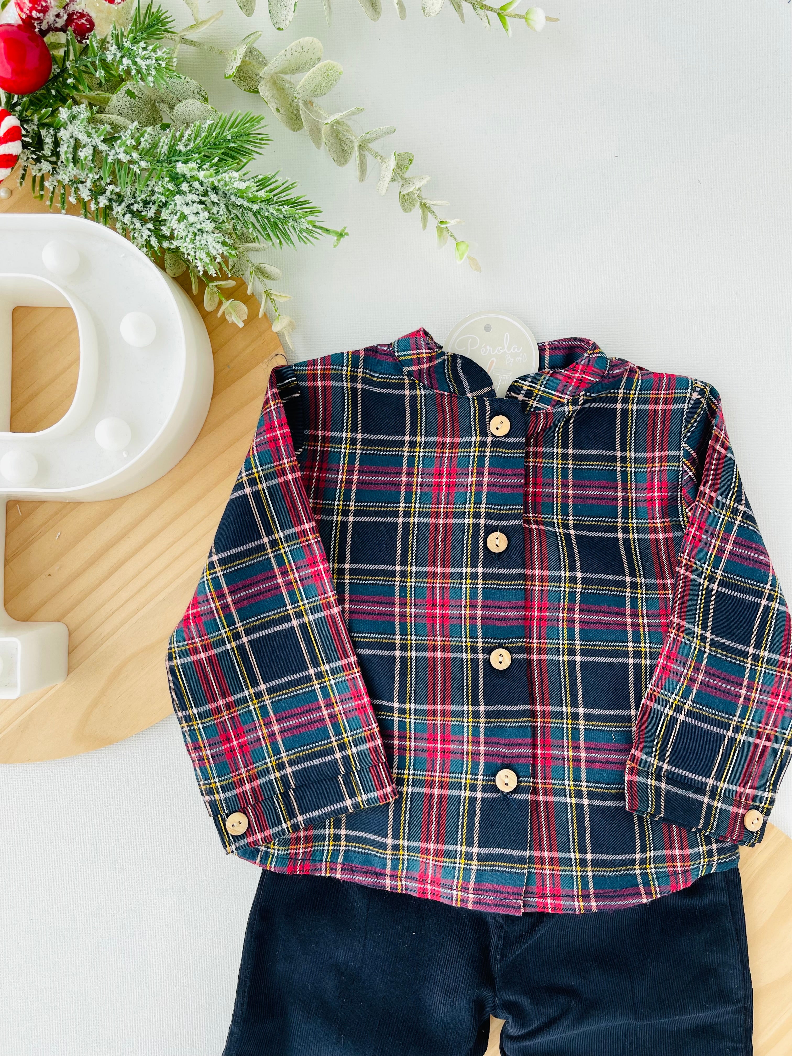 Conjunto xadrez: calças bombazine e camisa