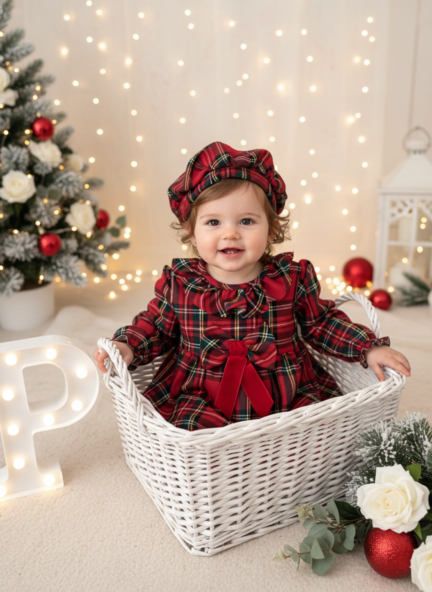 Conjunto Menina Tartan Vermelho - Vestido e Bóina