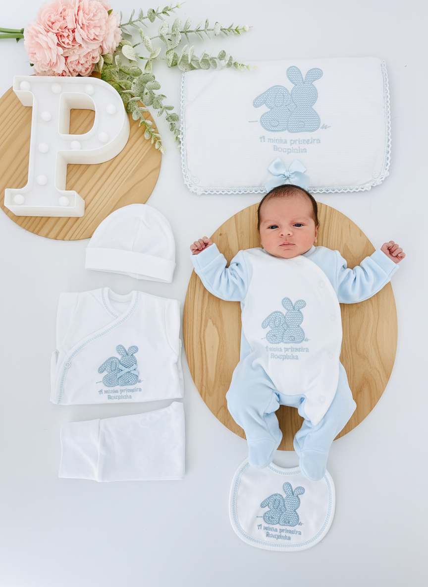 Conjunto primeira roupinha em veludo tema coelhinhos