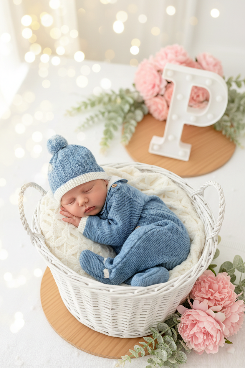 Saída de maternidade azul cobalto: jardineiras, camisola e gorro malha quentinha