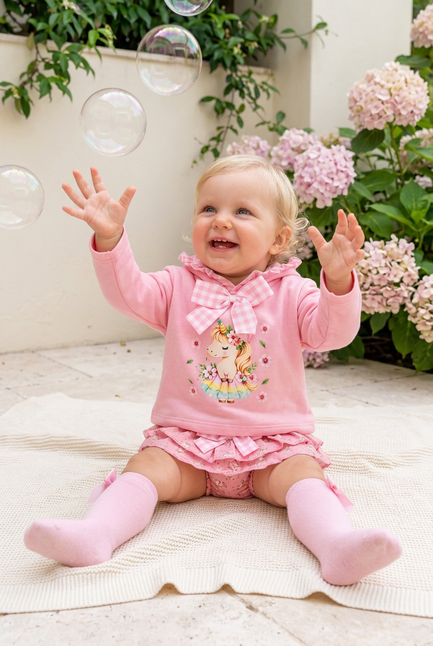 Conjunto Unicórnio Encantado Rosa – Camisola com Capuz e Tapa-Fraldas 6-36M