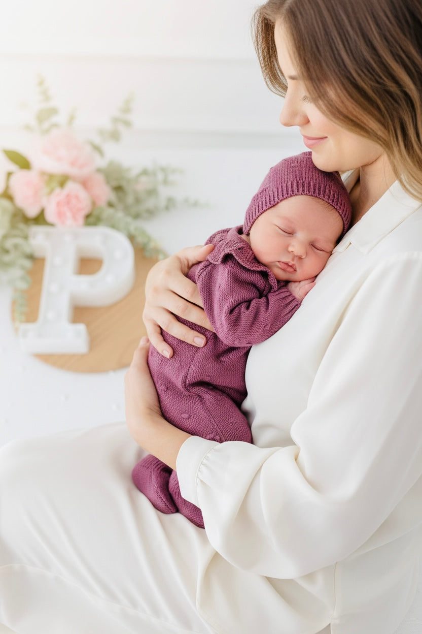Babygrow e touca Berinjela em malha Outono Inverno