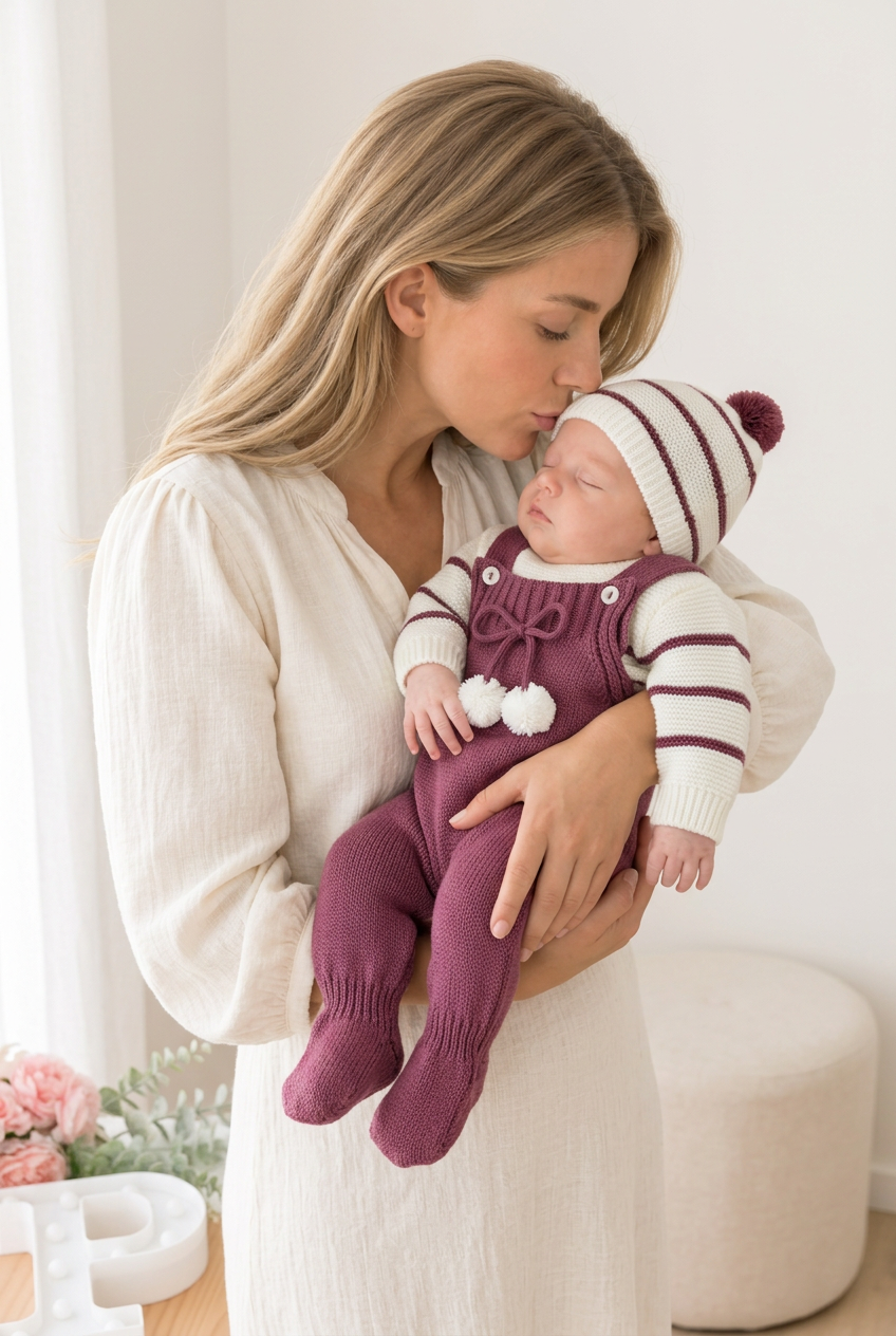 Conjunto risquinhas berinjela: jardineiras, camisola e gorro