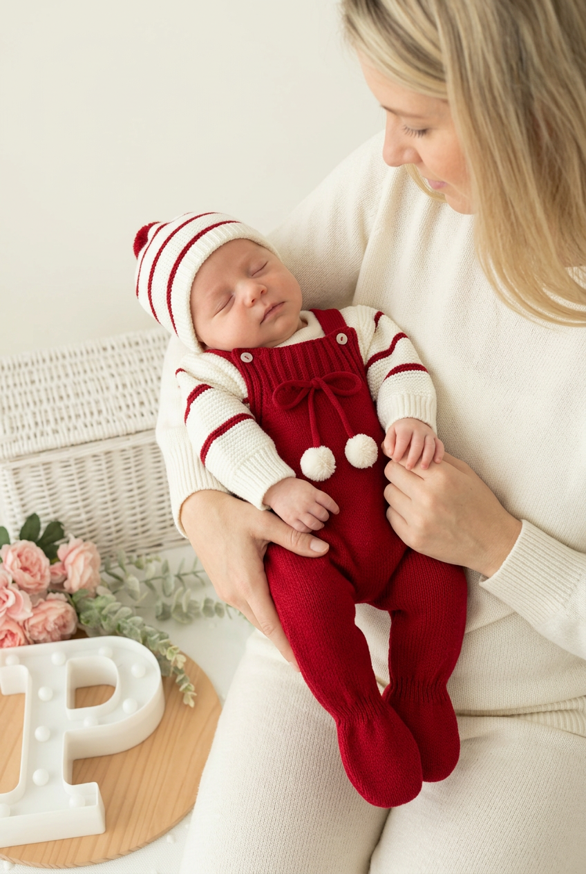 Conjunto risquinhas vermelho : jardineiras, camisola e gorro