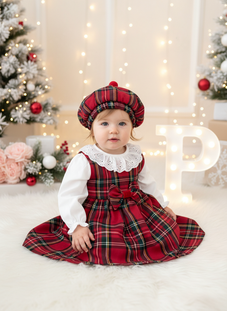 Conjunto Menina Tartan Vermelho e Preto - Vestido, Blusa e Bóina