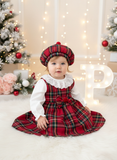 Conjunto Menina Tartan Vermelho e Preto - Vestido, Blusa e Bóina