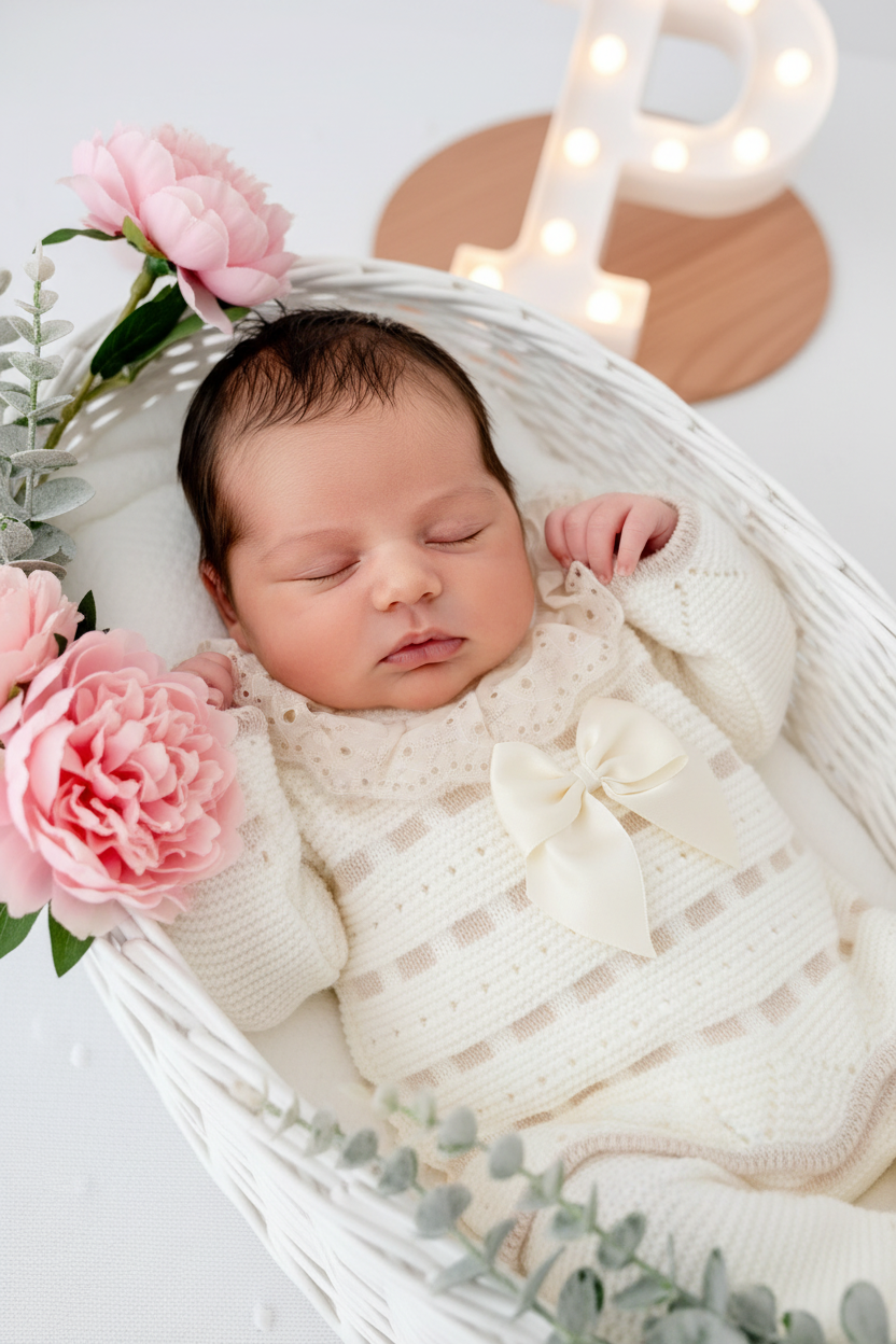 Conjunto princesinha de malha pérola com bordado inglês