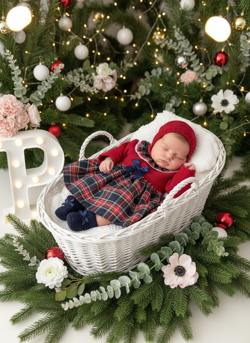 Vestido e touca em malha e xadrez azul marinho