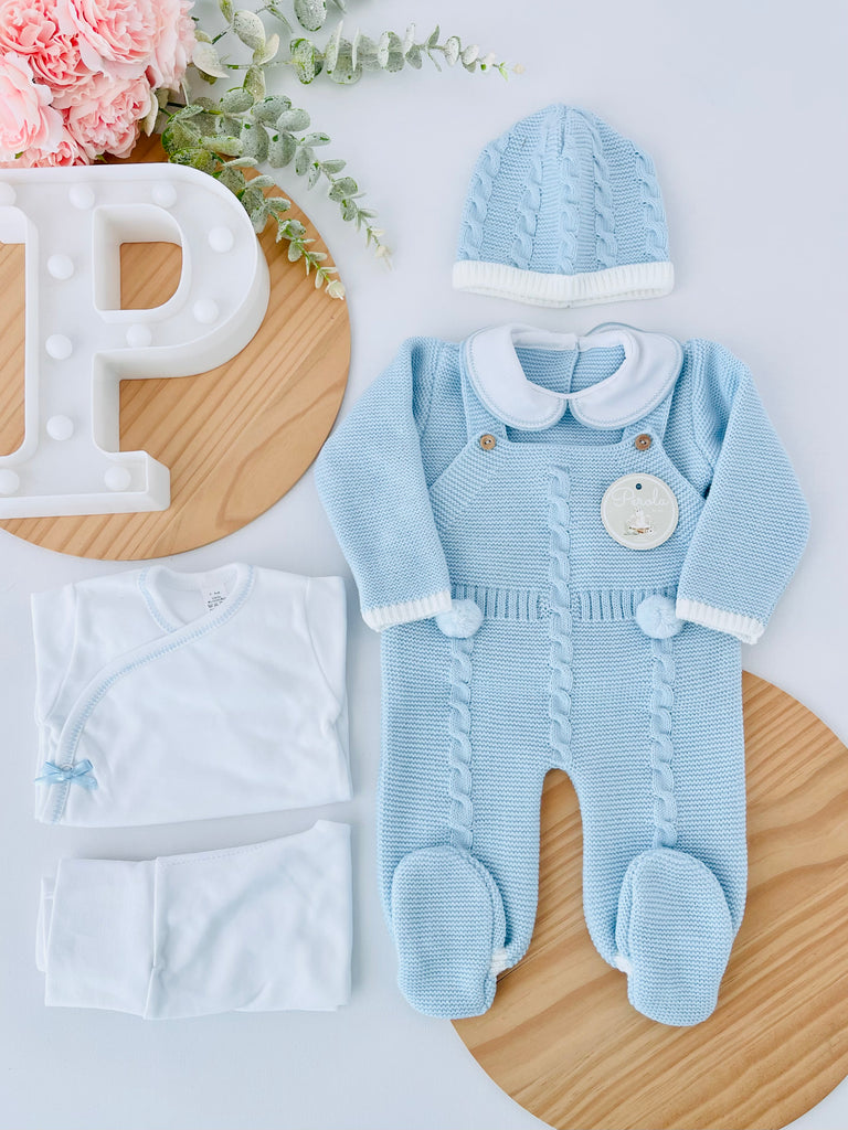 Pack saída de maternidade Azul 5 peças: body, calças, jardineiras, camisola e gorro
