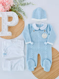 Pack saída de maternidade Azul 5 peças: body, calças, jardineiras, camisola e gorro