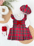 Conjunto Menina Tartan Vermelho e azul- Vestido, Blusa e Boina Natalícia