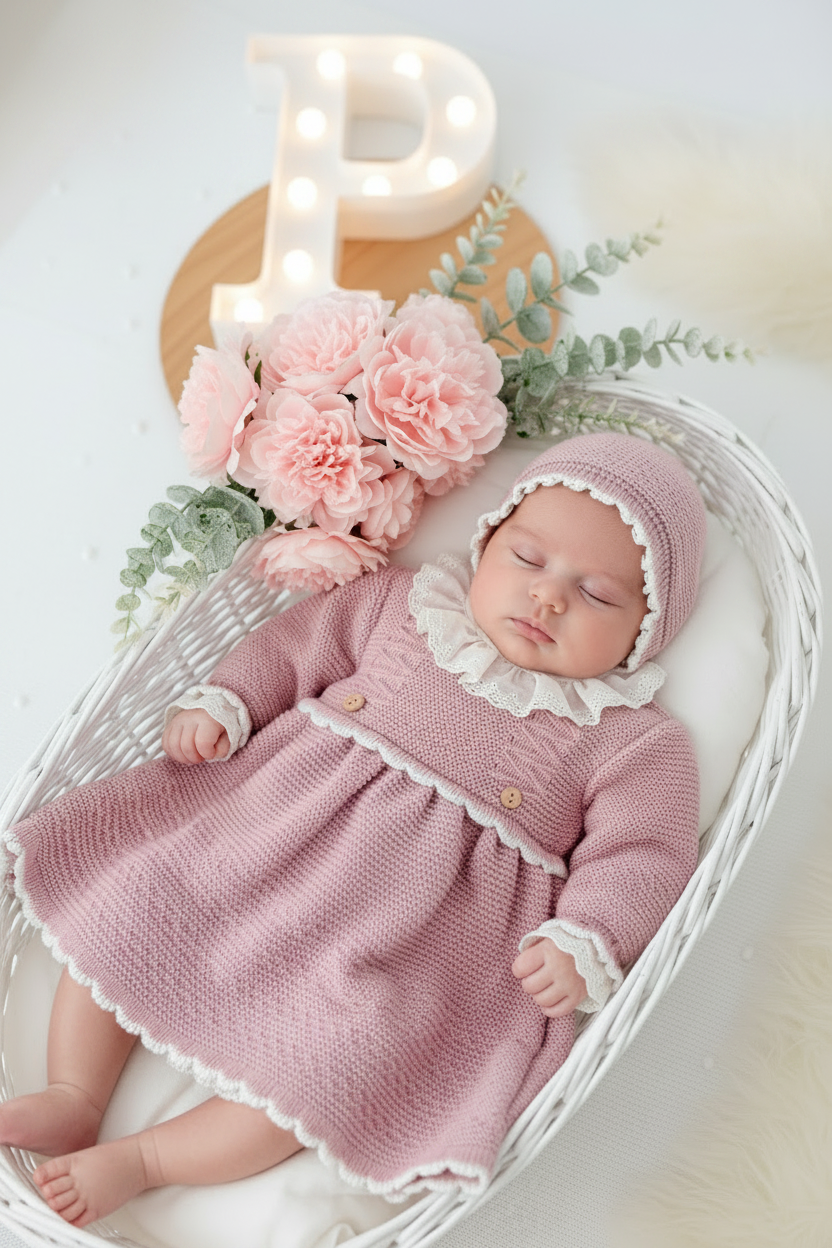 Vestido e touca rosa velho