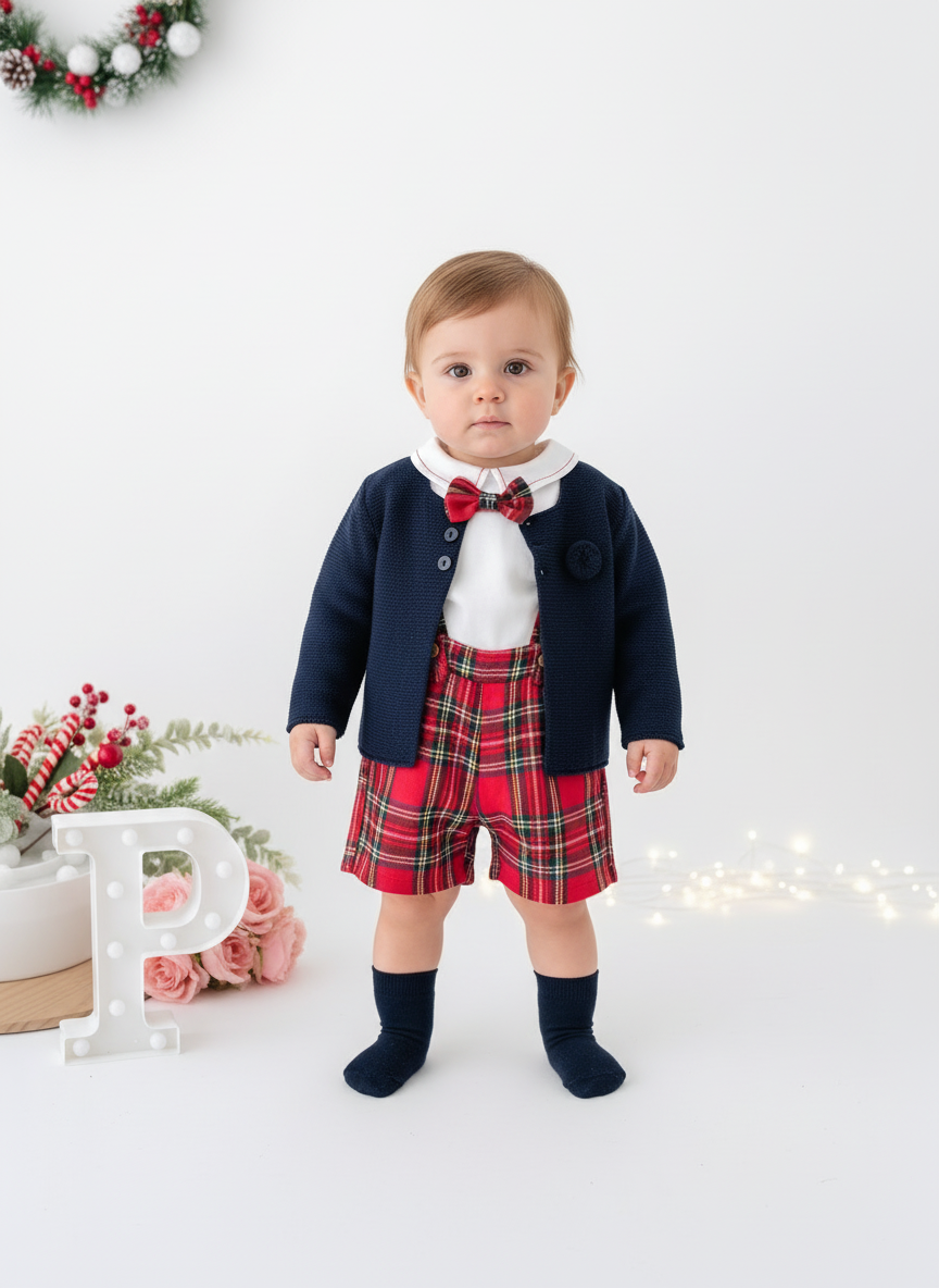 Conjunto xadrez vermelho menino Natal: calções, camisa em flanela e laço xadrez 2.0