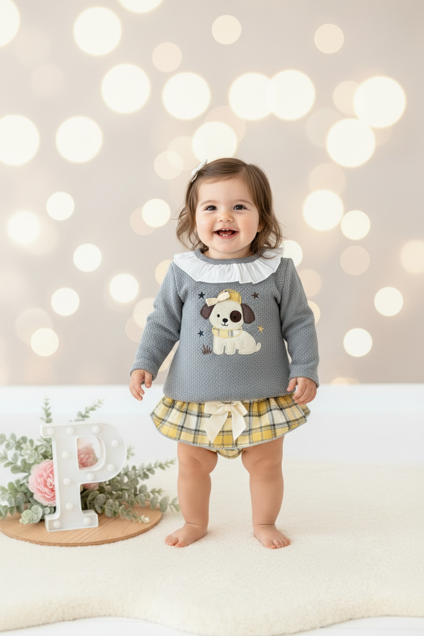 Conjunto cãozinho: camisola e saia com tapa fraldas
