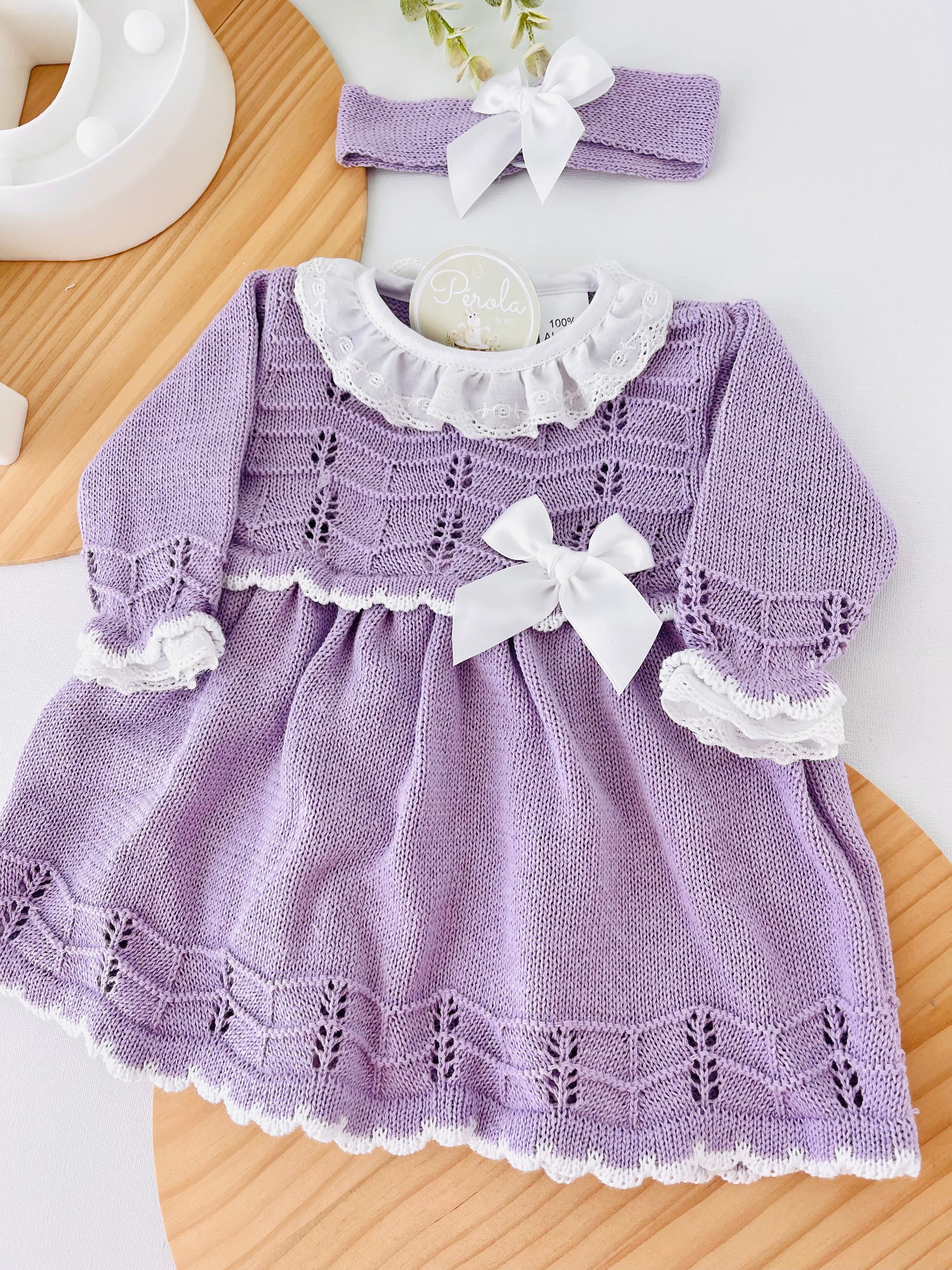 Conjunto lilás : Vestido e fita para cabelo 100% algodão