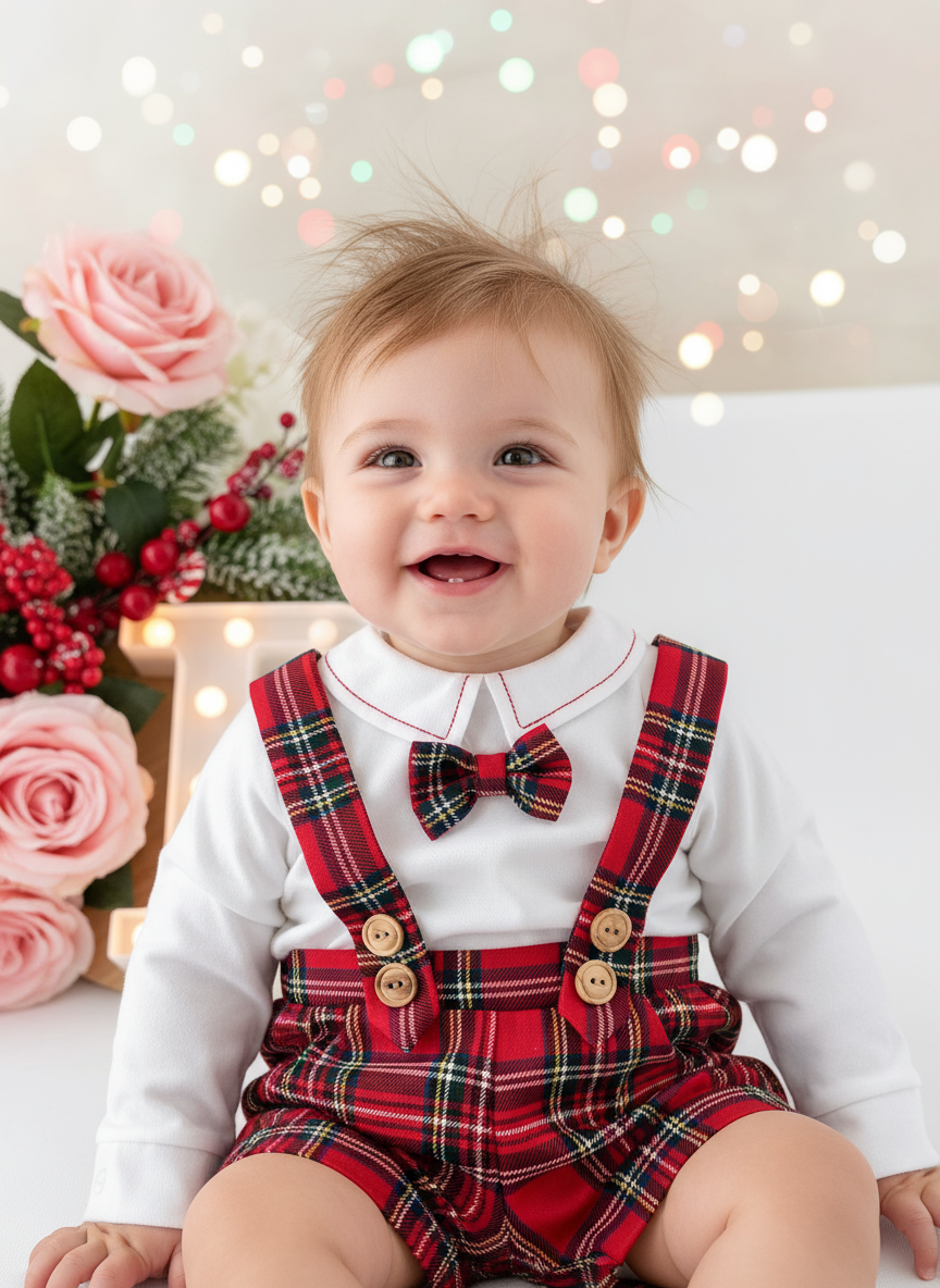 Conjunto xadrez vermelho menino Natal: calções, camisa em flanela e laço xadrez