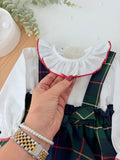 Saia com alças e blusa xadrez verde