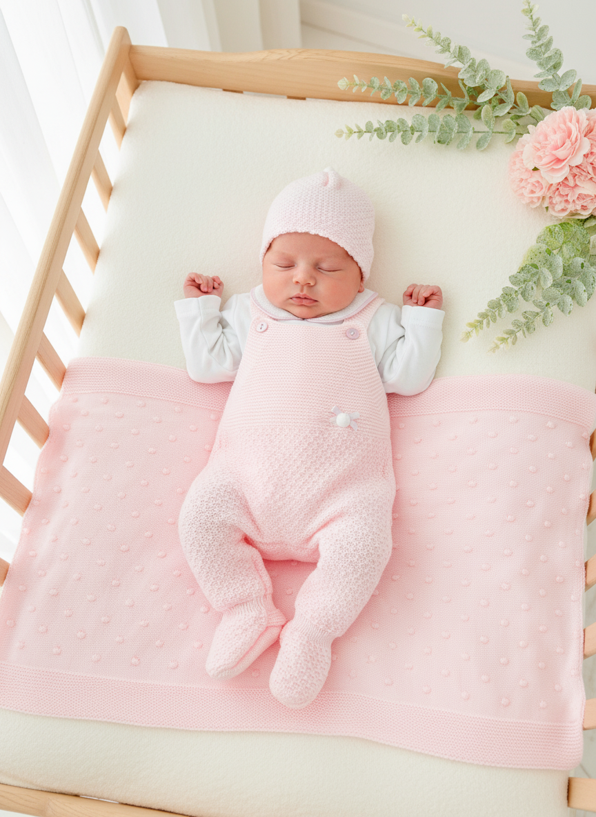 Pack saída de maternidade rosa 4 peças: Manta, jardineiras, camisola e gorro