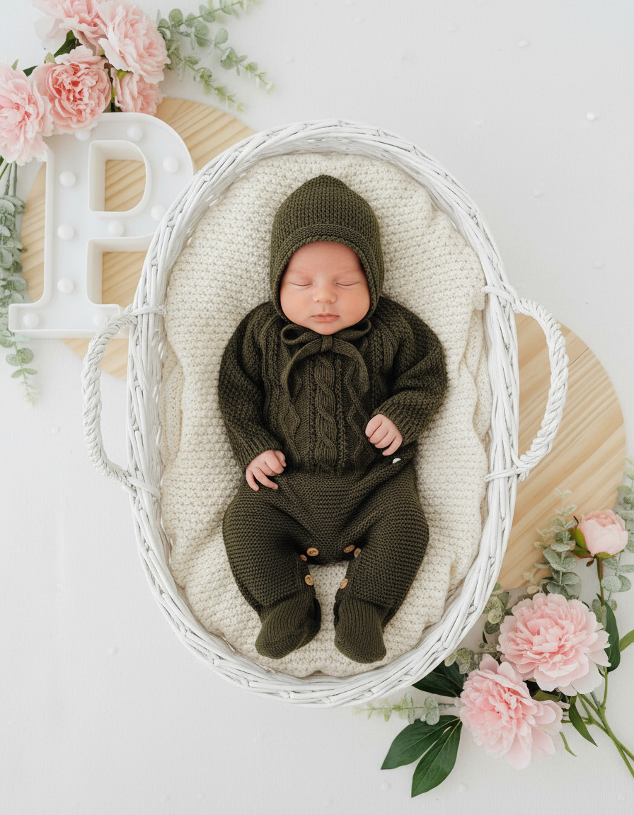 Saída de maternidade verde: Babygrow e touca