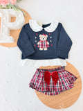 Conjunto ursinho xadrez:  camisola e saia/tapa fraldas