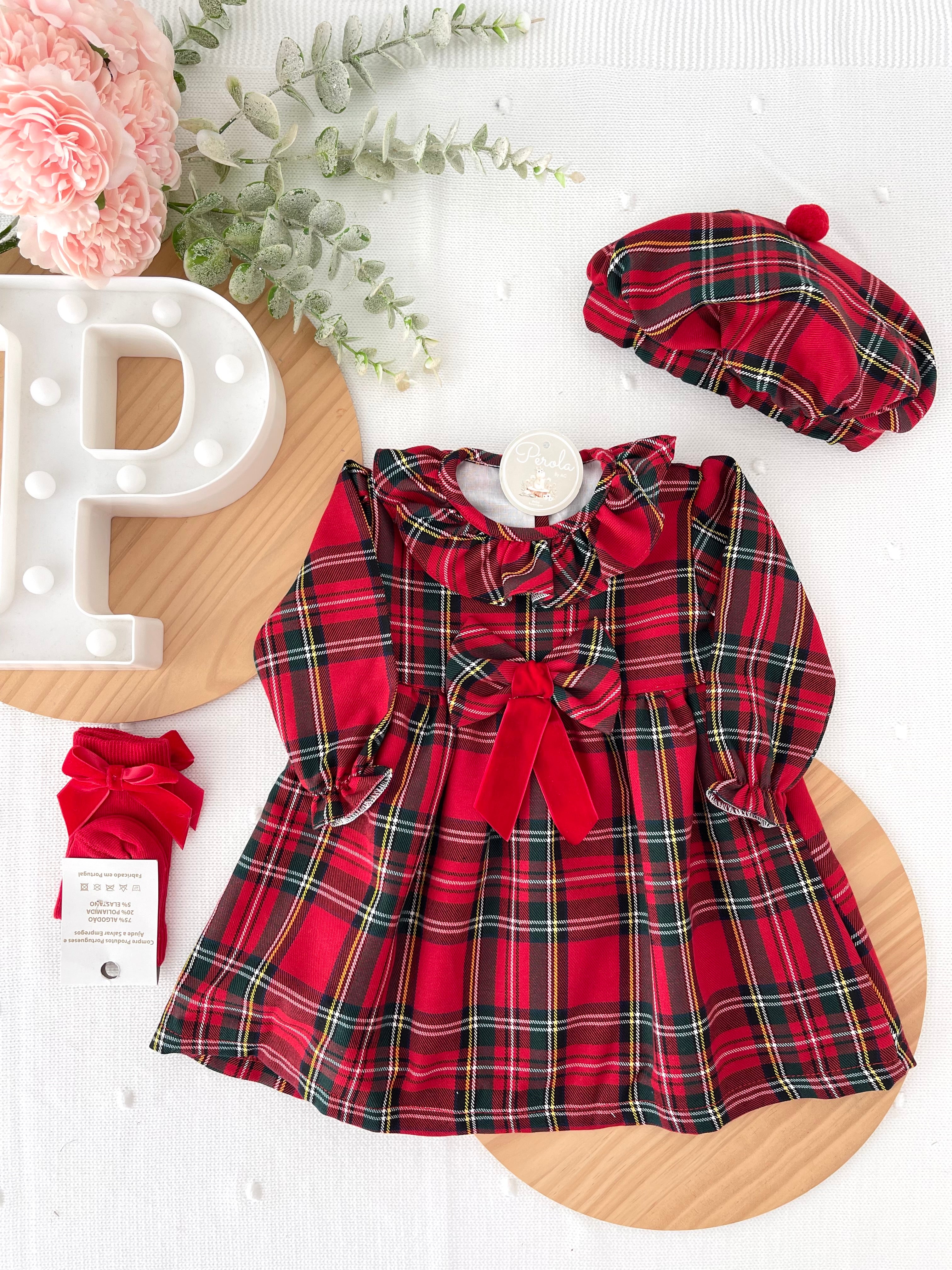 Conjunto Menina Tartan Vermelho - Vestido e Bóina