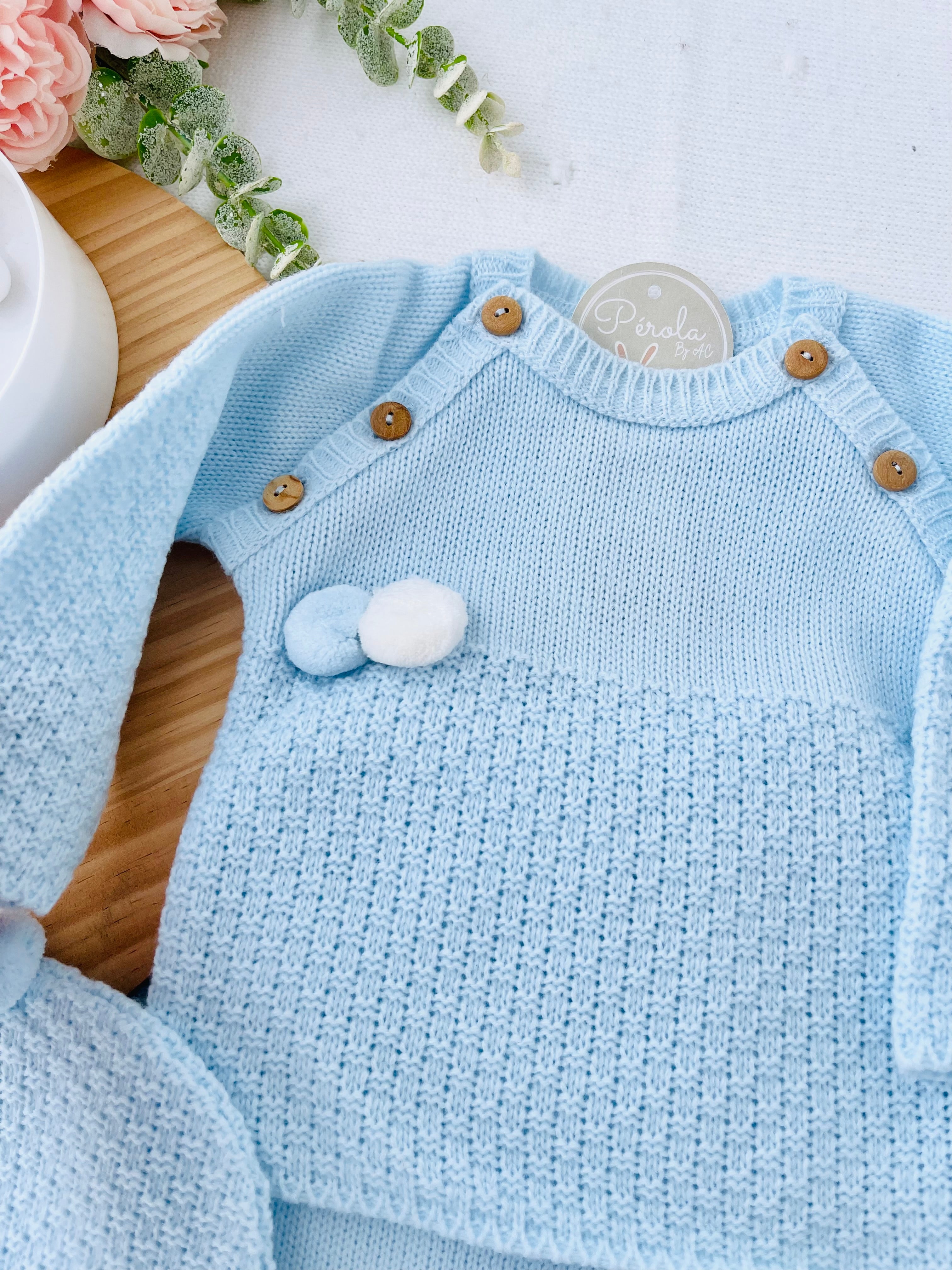 Conjunto menino malha azul: camisola, calças e gorro Outono/Inverno