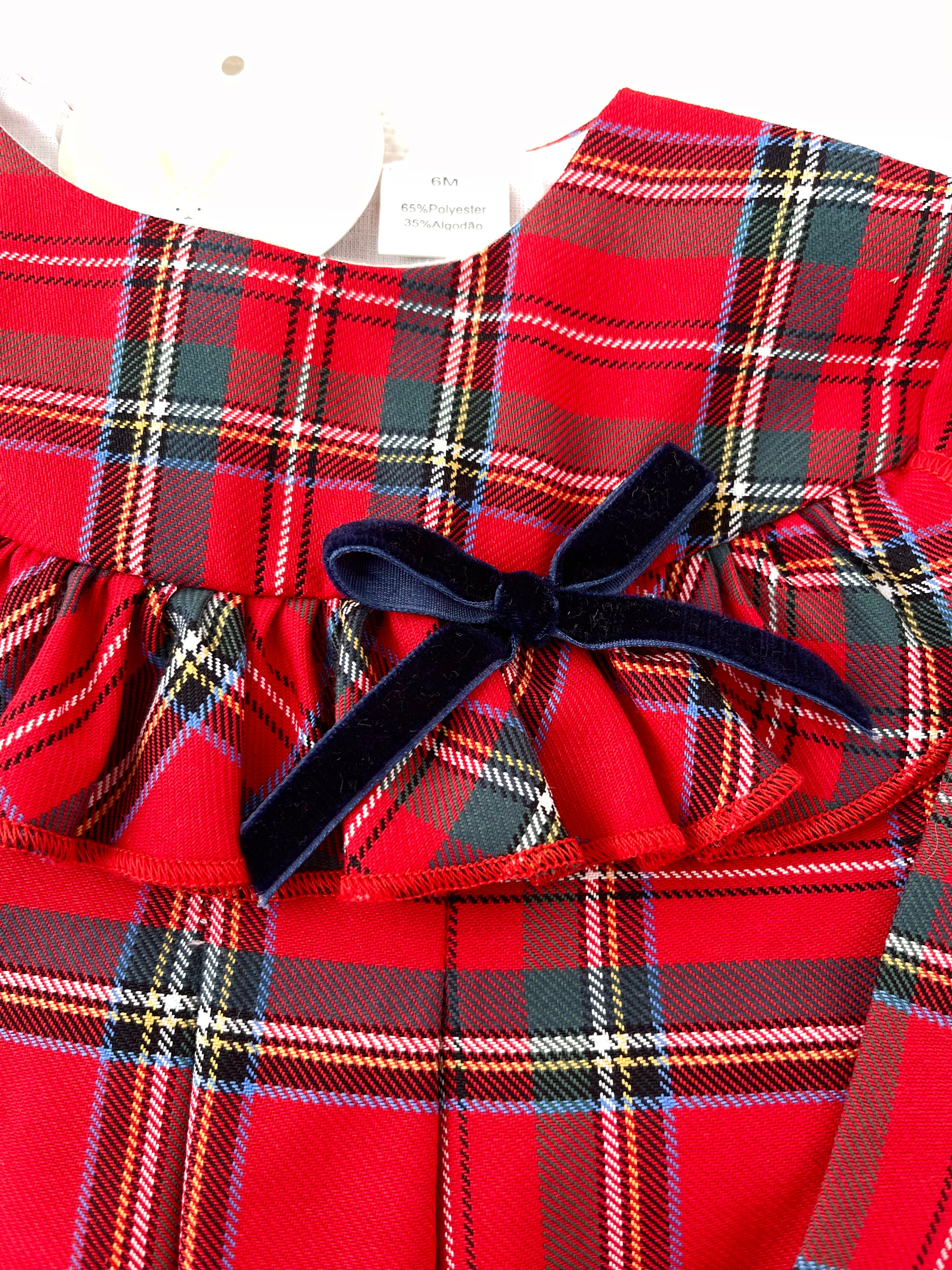 Vestido xadrez vermelho com laço azul veludo