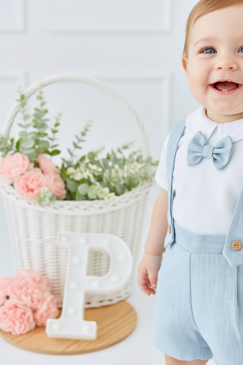 Conjunto cerimónia para menino: calções, camisa e laço