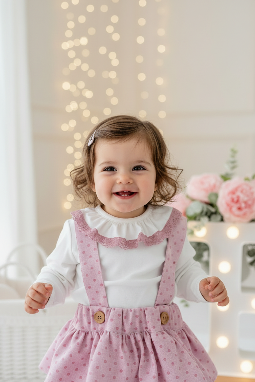 Conjunto Bolinhas Rosa: Blusa + Jardineiras com Laço