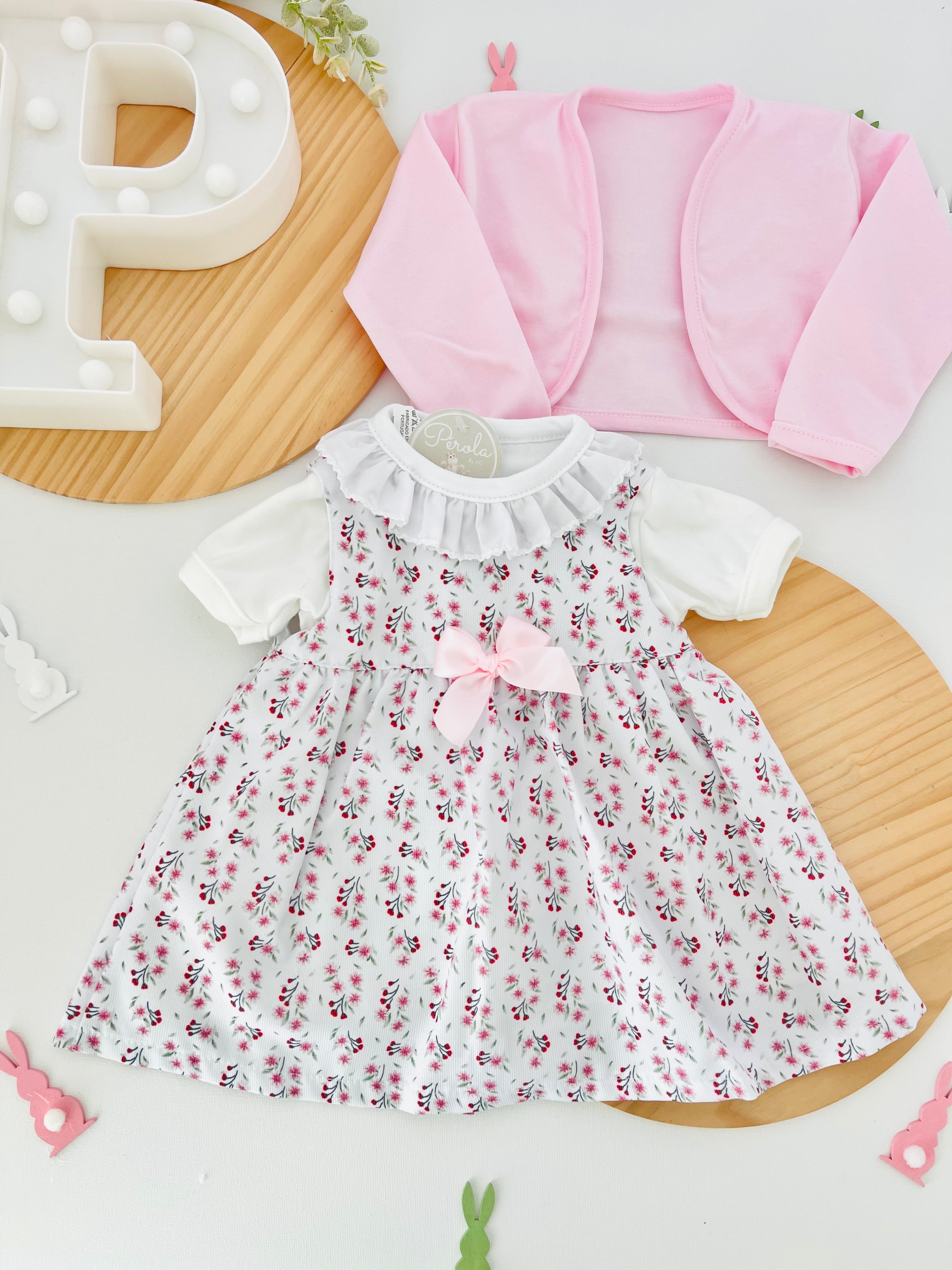 Conjunto algodão: casaco, vestido e camisola com golinha