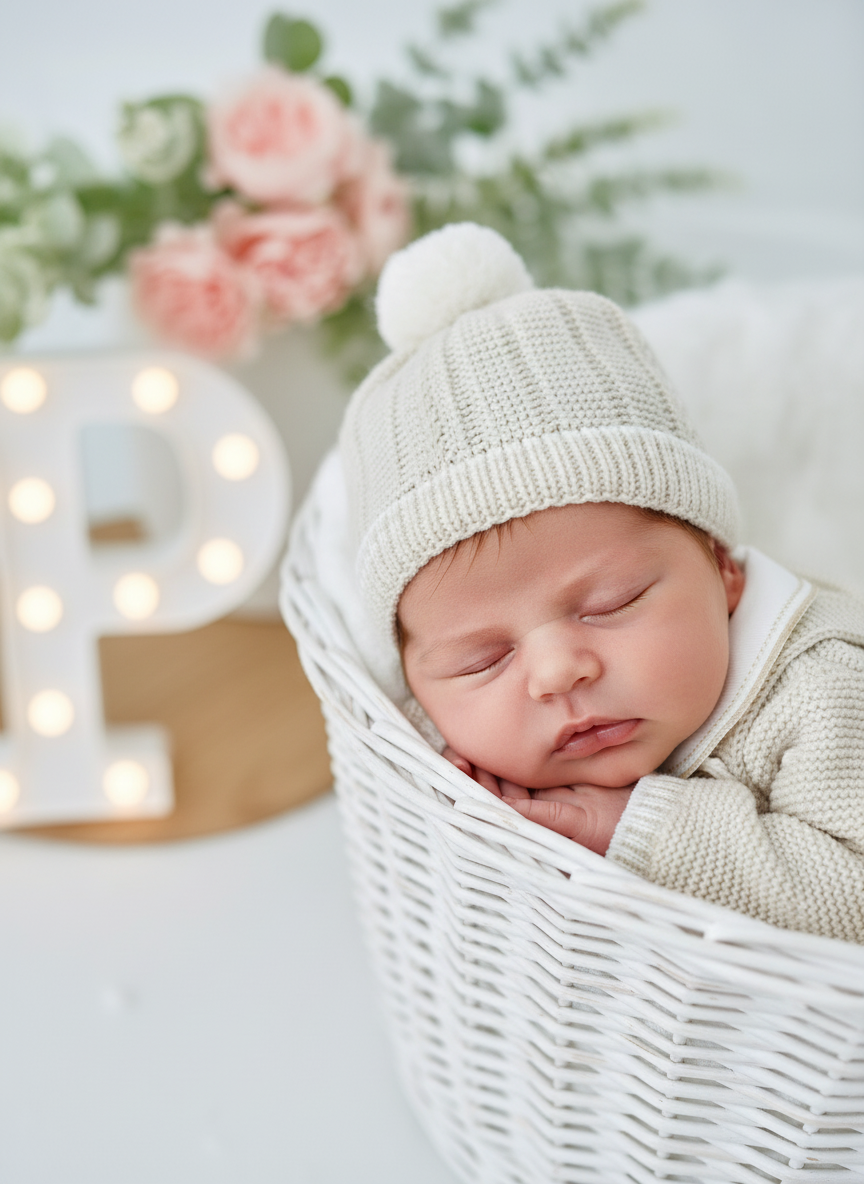 Conjunto Pompom bege: jardineiras, camisola e gorro