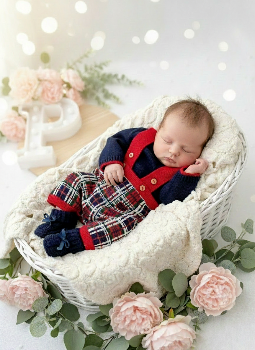 Conjunto malha xadrez: calções com suspensórios e camisola