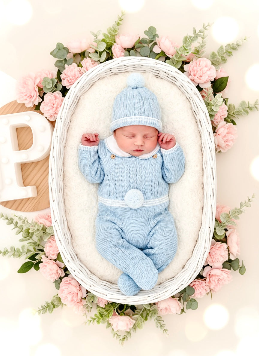 Conjunto Pompom Azul: jardineiras, camisola e gorro