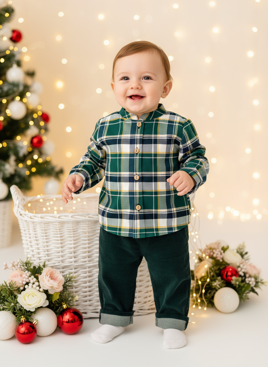 Conjunto xadrez: calças bombazine e camisa
