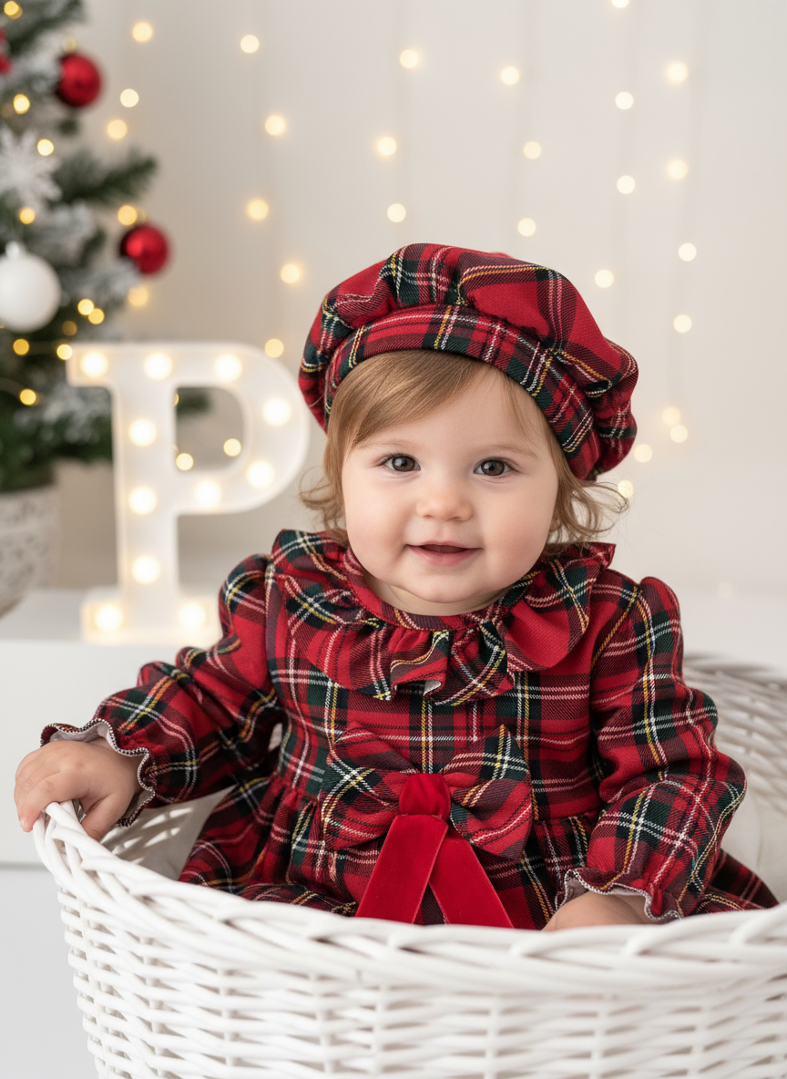 Conjunto Menina Tartan Vermelho - Vestido e Bóina
